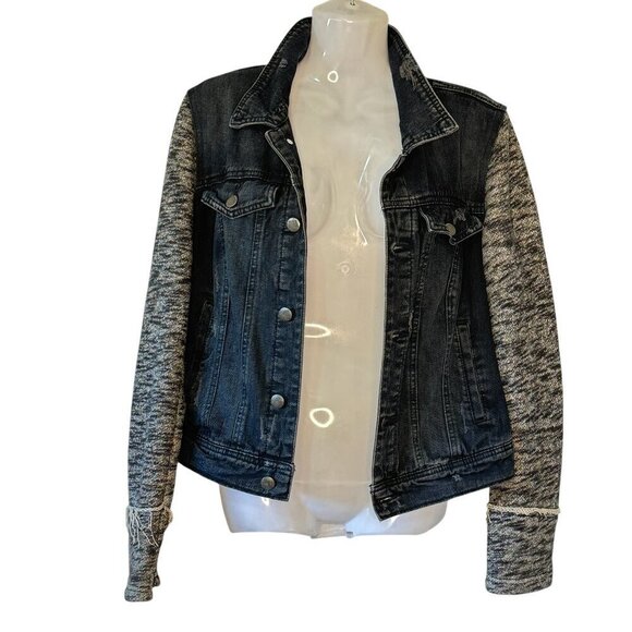 Free People Knit Hooded Denim Jacket Pumice Black Size L Distressed Women’s - Picture 6 of 14